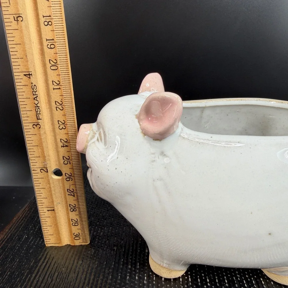 Smiling Ceramic Pig Planter White Pink Indoor Succulent Pot‎ Drainage Hole 6x4